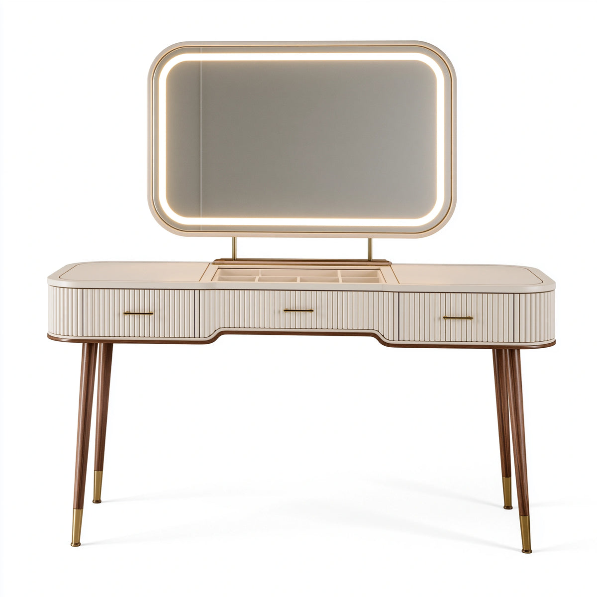 Coiffeuse 140 cm en bois beige avec miroir LED et rangements style contemporain