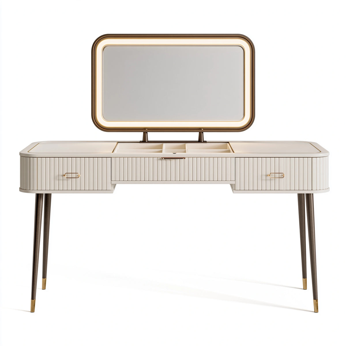 Coiffeuse 140 x 45 x 150 cm en bois blanc avec miroir éclairé et rangements style contemporain