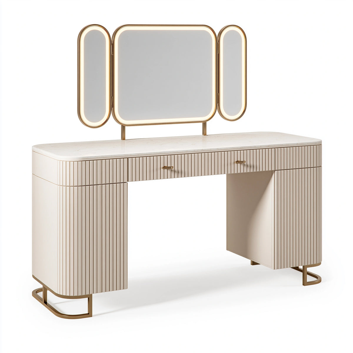 Coiffeuse 120 x 45 x 145 cm beige et doré avec miroir lumineux et 2 tiroirs