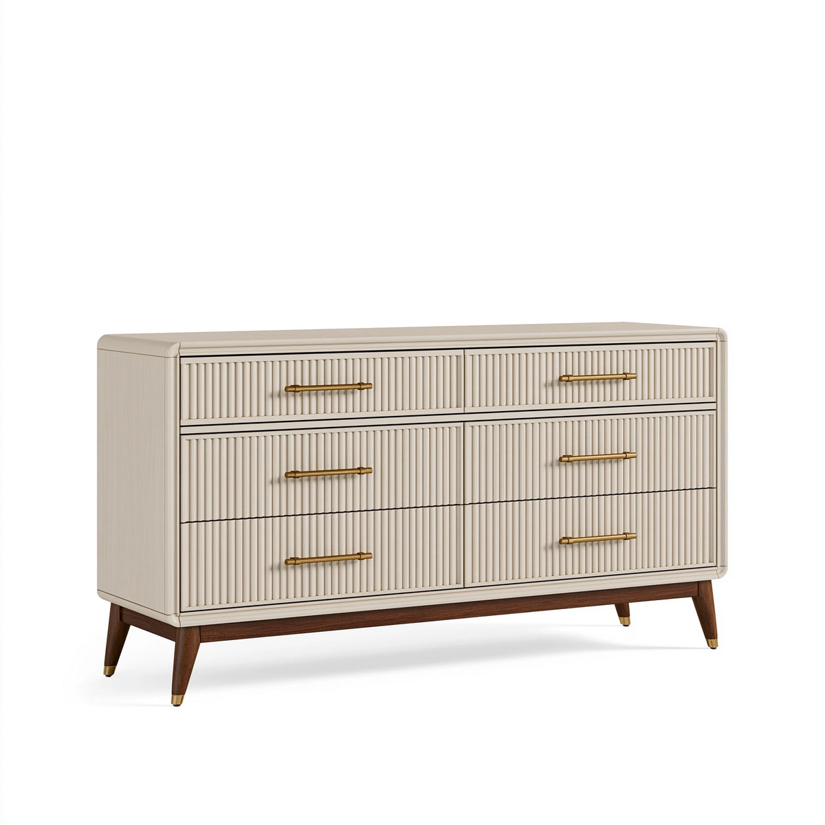 Commode 150 x 45 x 90 cm en bois beige et noyer à 6 tiroirs style contemporain