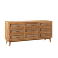 Commode 150 x 45 x 90 cm en bois naturel et cannage avec 9 tiroirs style bohème