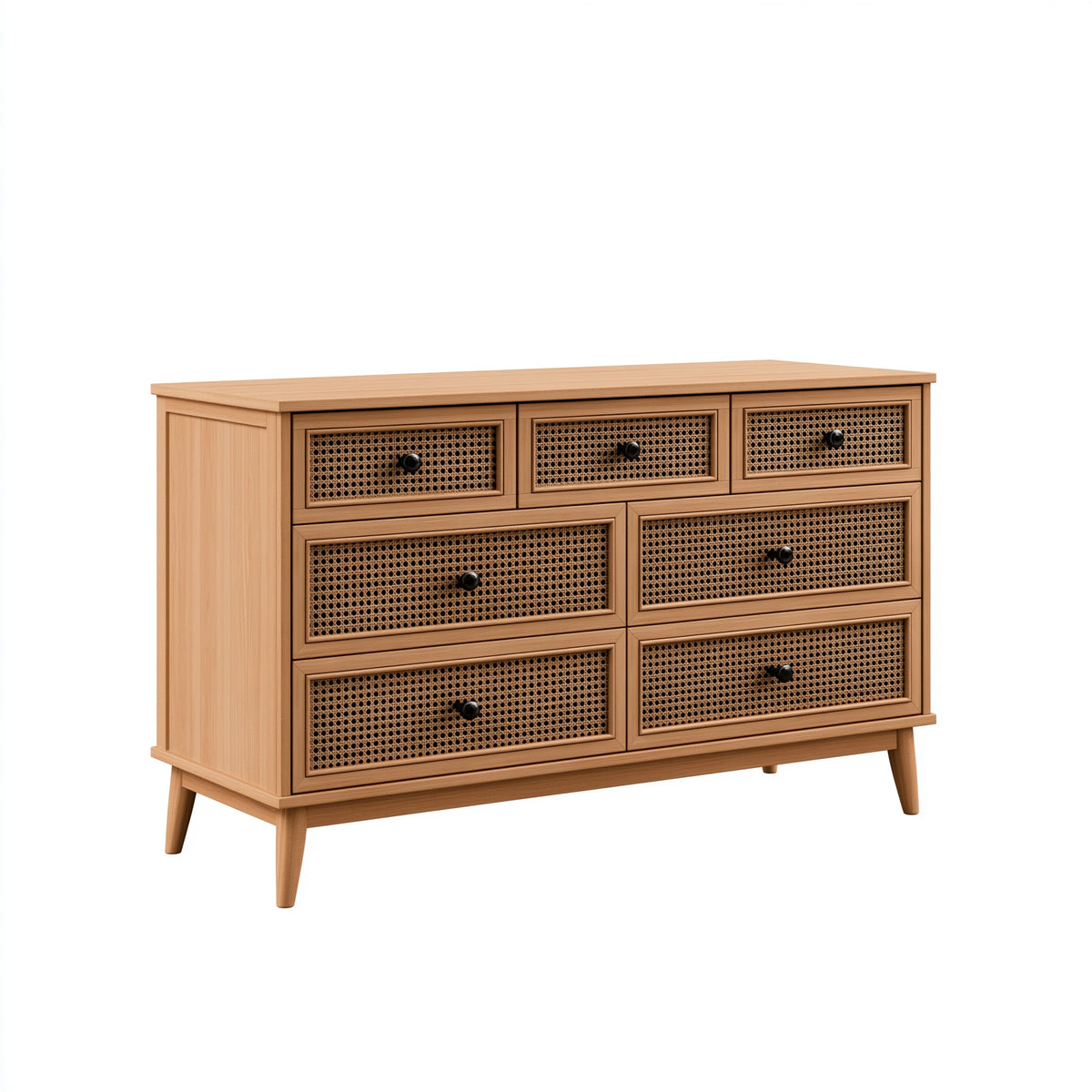 Commode 140 x 40 x 90 cm en bois naturel avec cannage style rétro à 7 tiroirs