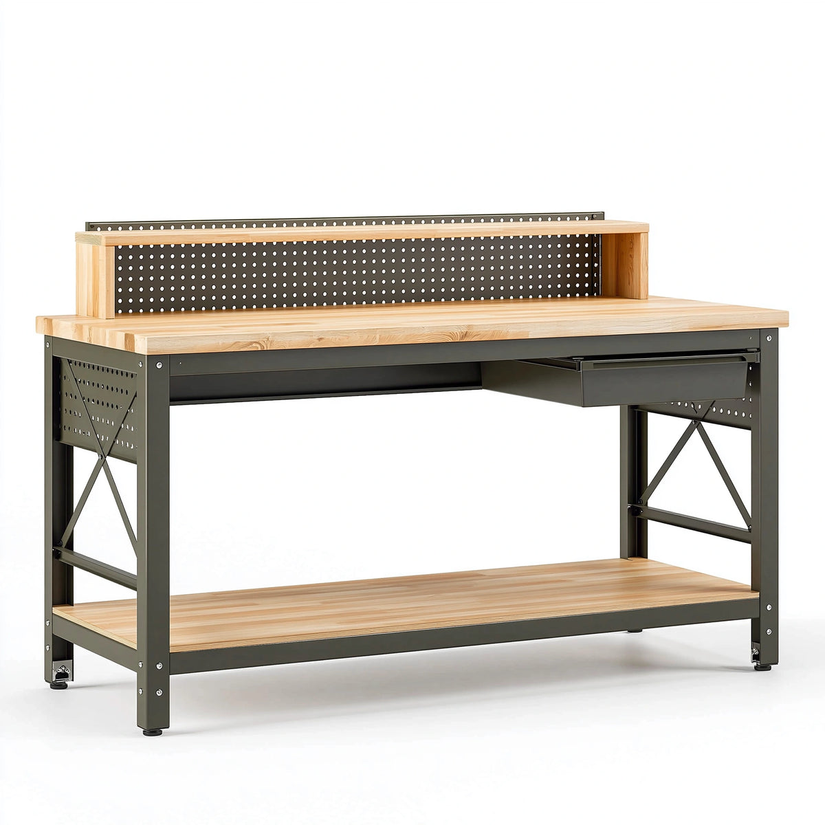 Établi 140 x 60 x 150 cm bois et acier noir avec rangement style industriel