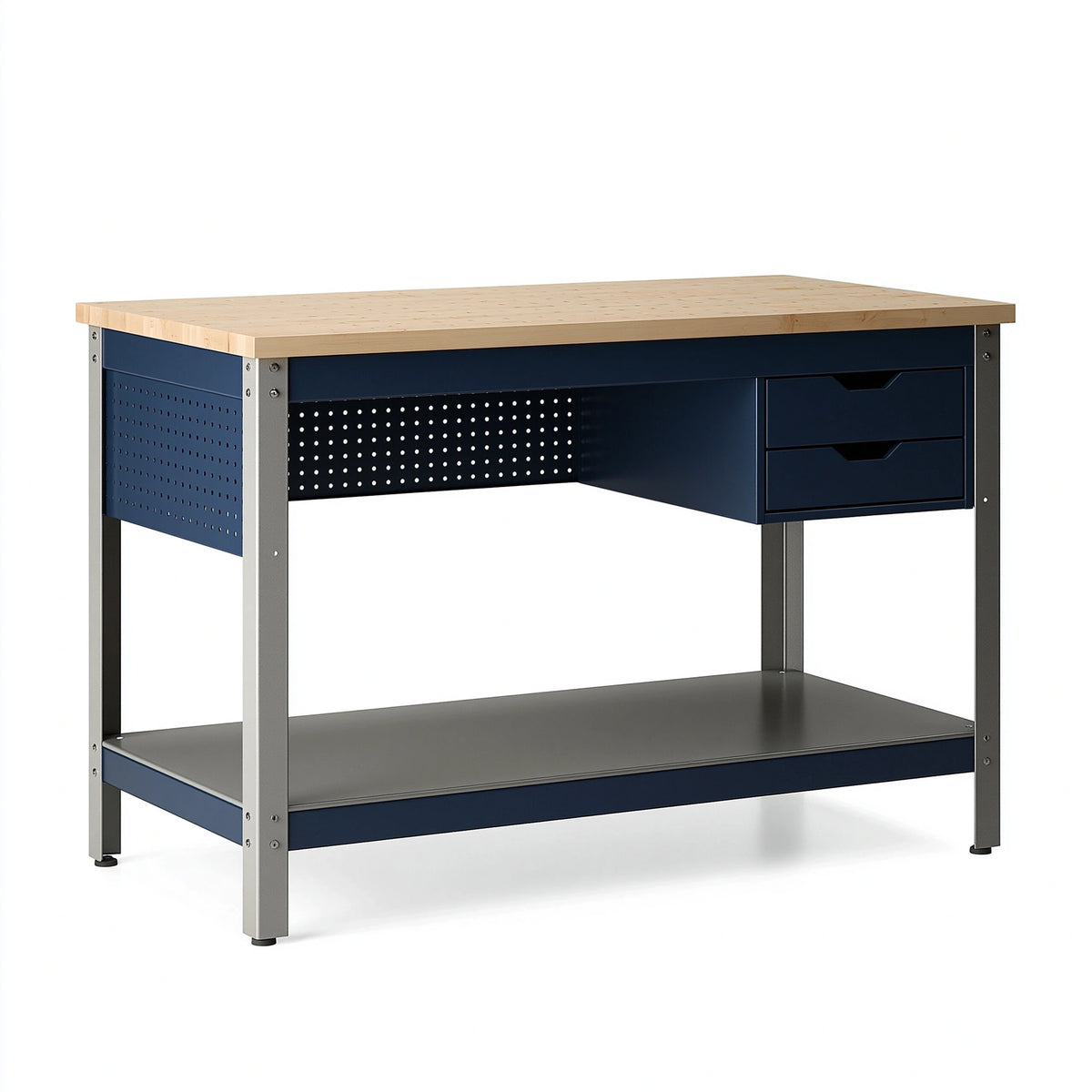 Établi d'atelier 120 x 60 x 90 cm en acier et bois bleu marine avec 2 tiroirs