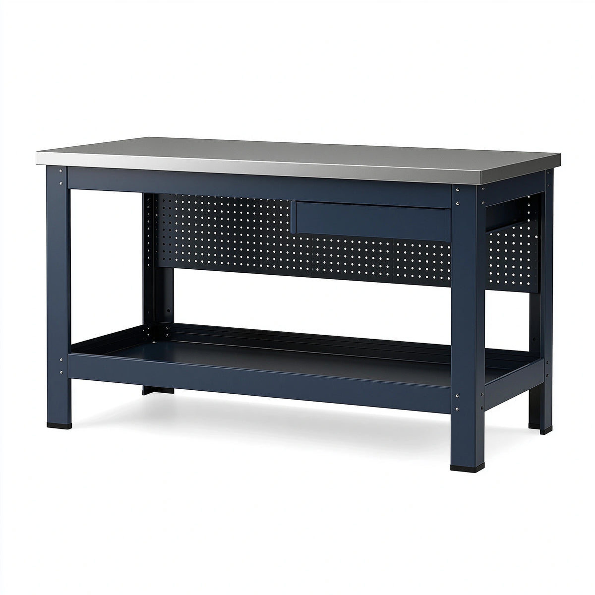 Établi 120 x 60 x 85 cm en acier bleu foncé avec tiroir et panneau perforé