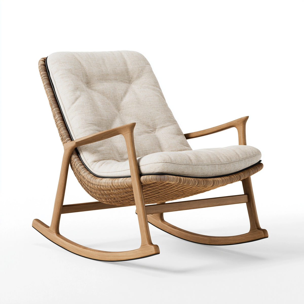 Fauteuil à bascule 70 x 95 x 100 cm en bois rotin et tissu beige style naturel
