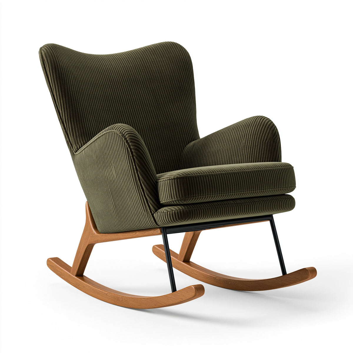 Fauteuil à bascule 100 x 75 x 105 cm en velours côtelé vert olive avec structure en bois