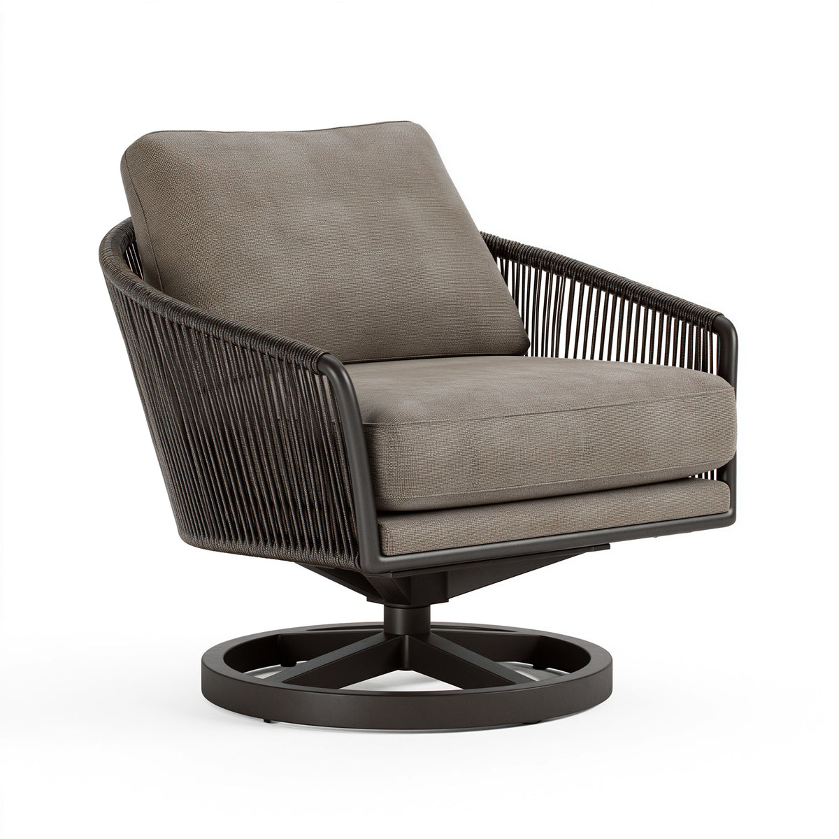 Fauteuil pivotant 75 x 85 x 95 cm en tissu taupe et corde tressée style contemporain