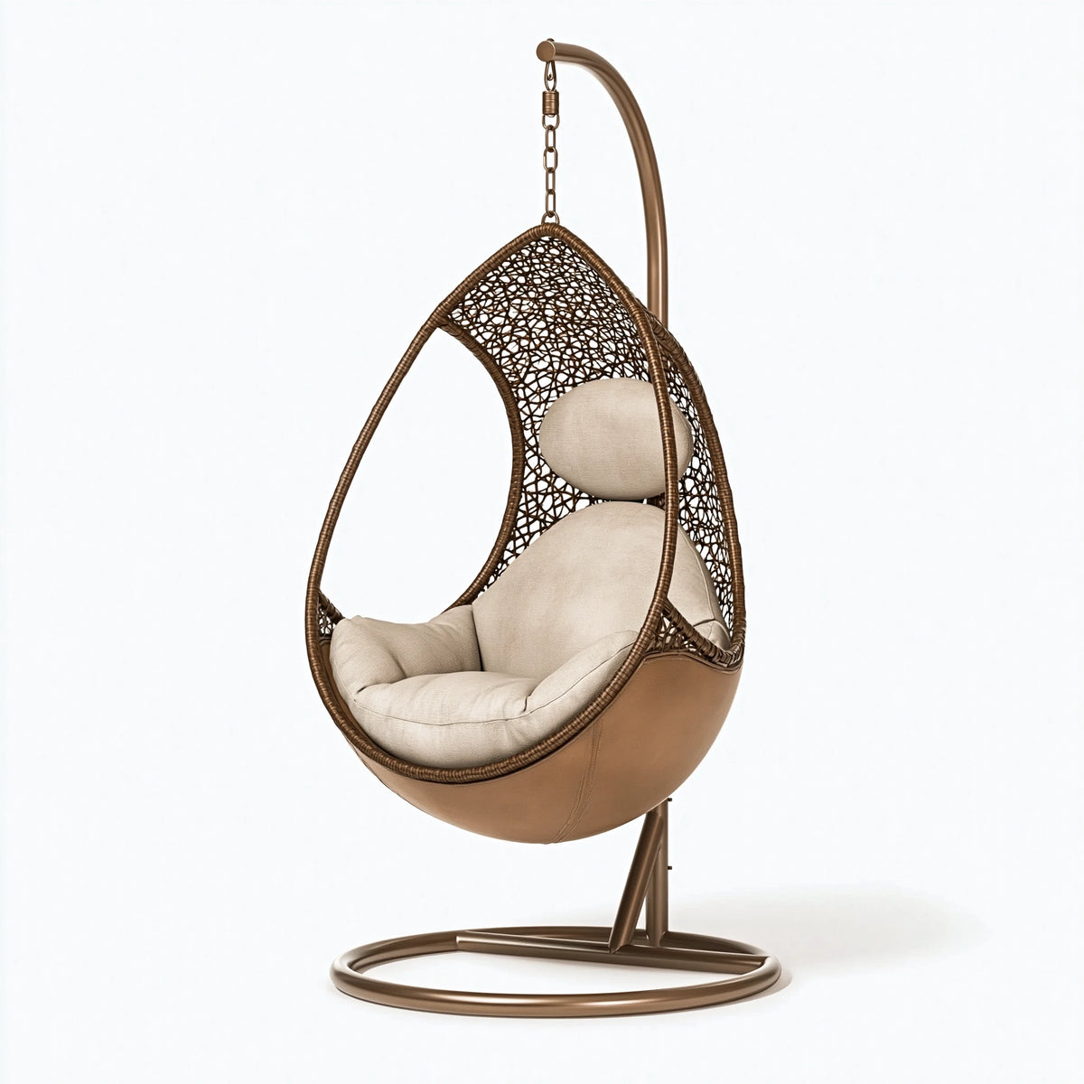 Fauteuil suspendu œuf 110 x 105 x 195 cm en métal et tressage brun avec assise beige style bohème