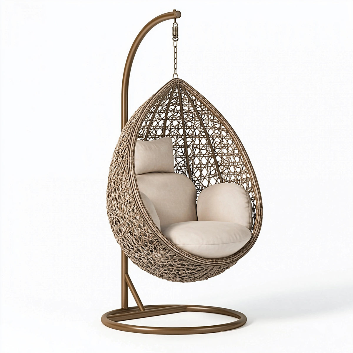 Fauteuil suspendu 110 x 110 x 195 cm en résine tressée beige avec support métal style bohème